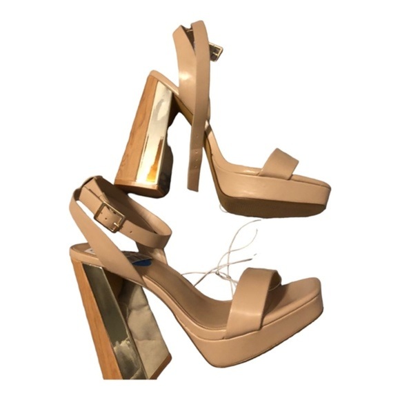 Aldo tan open toe stacked gold mirrored wooden platform heels size 10‎ brand new - Picture 11 of 14